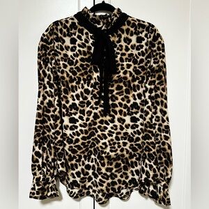 New York & Company Leopard Tie-Neck Blouse — Black & Tan